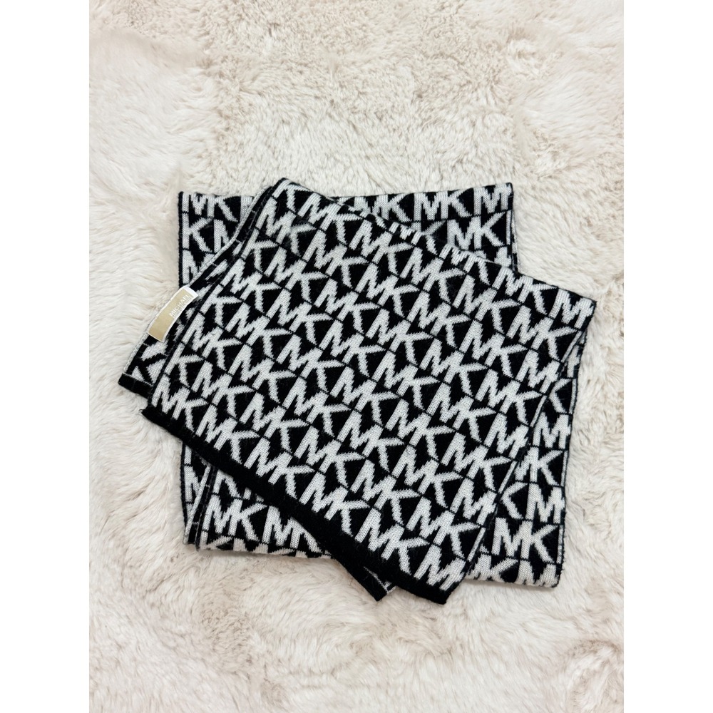 Michael Kors Scarf Black White MK Monogram Logo Knit Winter Wrap Accessory
